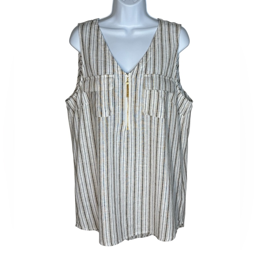 Ellen Tracy Linen Blend Striped V-Neck Blouse with Zip